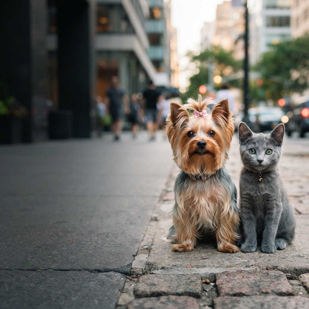 Cachorra da raça Yorkshire ao lado de uma gatinha da raça Azul Russo em ambiente urbano com luz natural